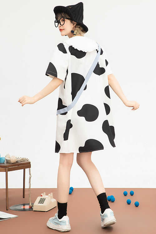 Black/White Doll Collar Short Sleeves Milk Cow Print Sweet Lolita Dress