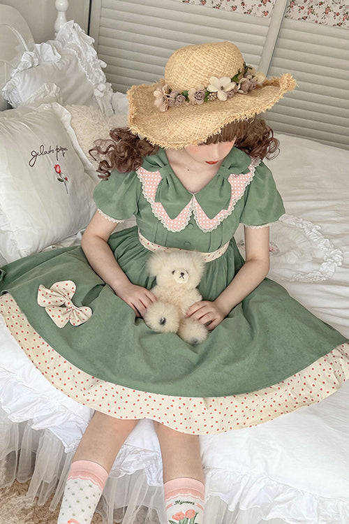 Green Peter Pan Collar Bowknot Short Sleeves Sweet Lolita OP Dress