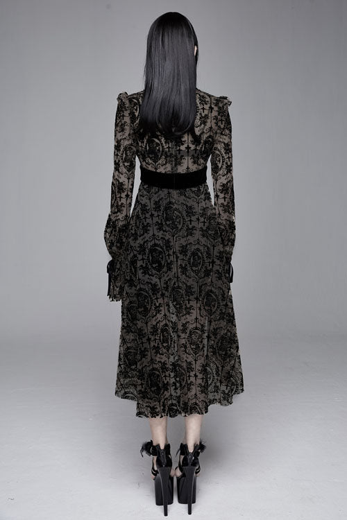 Schwarzes, mit Blumenmuster bedrucktes, langärmliges Samtkleid mit Krawatte für Damen im Gothic-Stil