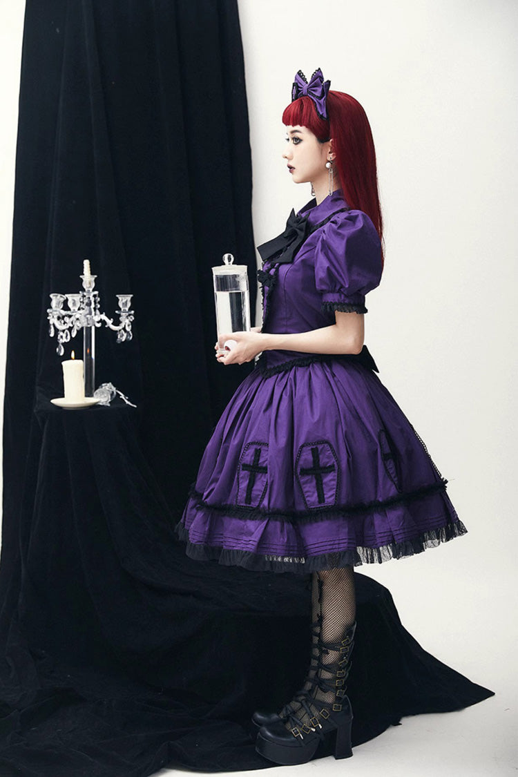 Purple Halloween Cross Short Puff Sleeves Two Pieces Gothic Lolita Dress