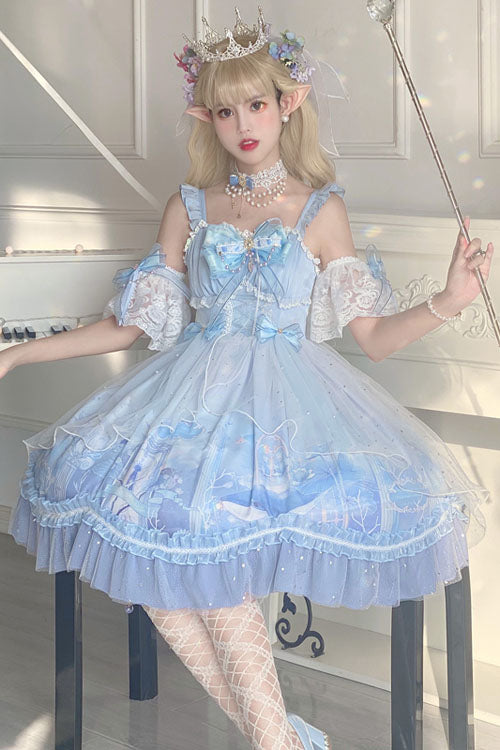 Blue Whale In The Ocean Print Bowknot Princess Multi-Layer Ruffled Sweet Lolita JSK Dress