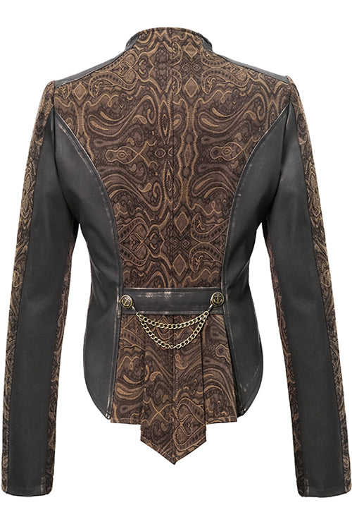 Brown Jacquard Slim Print Short Womens Punk Jacket