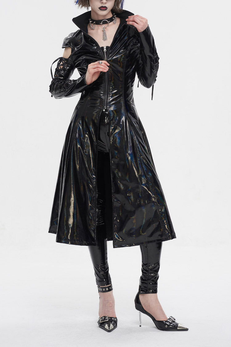 Black Lace Up Mesh Splice Patent Leather Long Women's Punk Coat