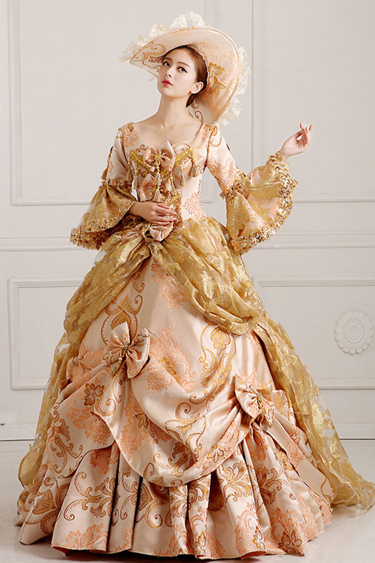 Beige/Golden Trumpet Sleeves High Waisted Embroidery Print Bowknot Multi-Layer Victorian Lolita Prom Dress