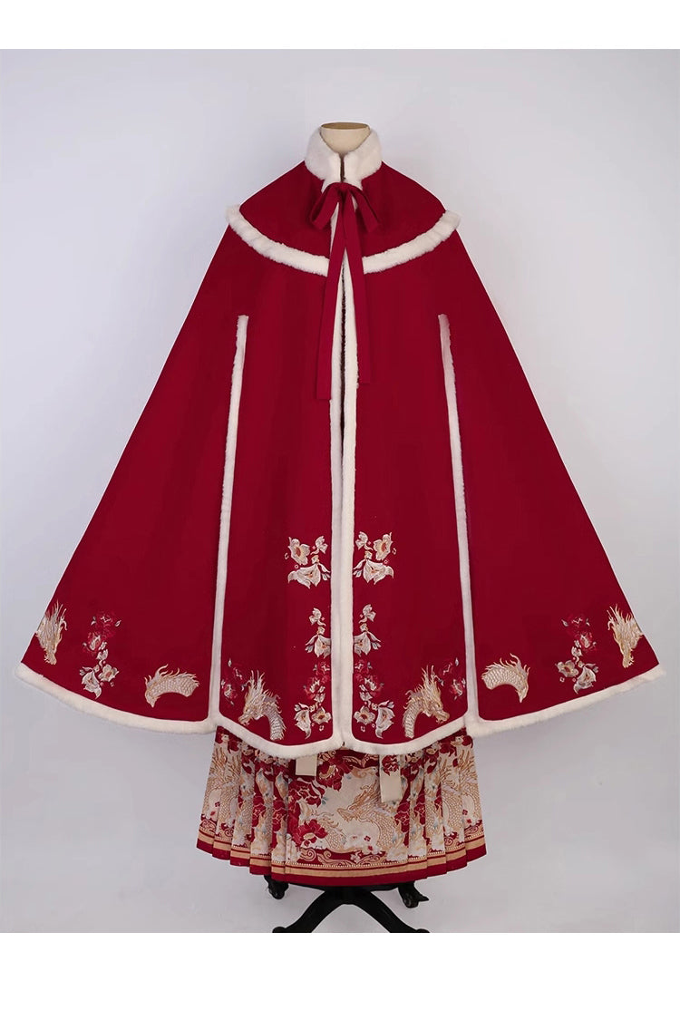 赤の古典的な中国風の V 襟刺繍長袖レディース漢服スリーピース