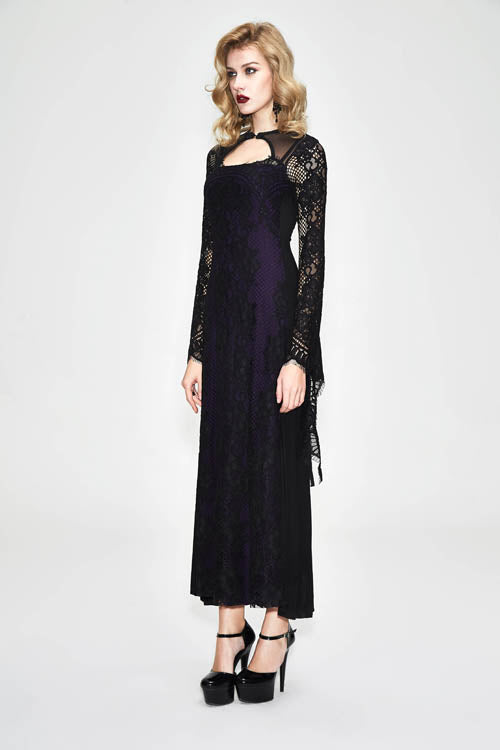 Gothic Positioning Flower Elegant Lace Flared Long Sleeves Womens Dress