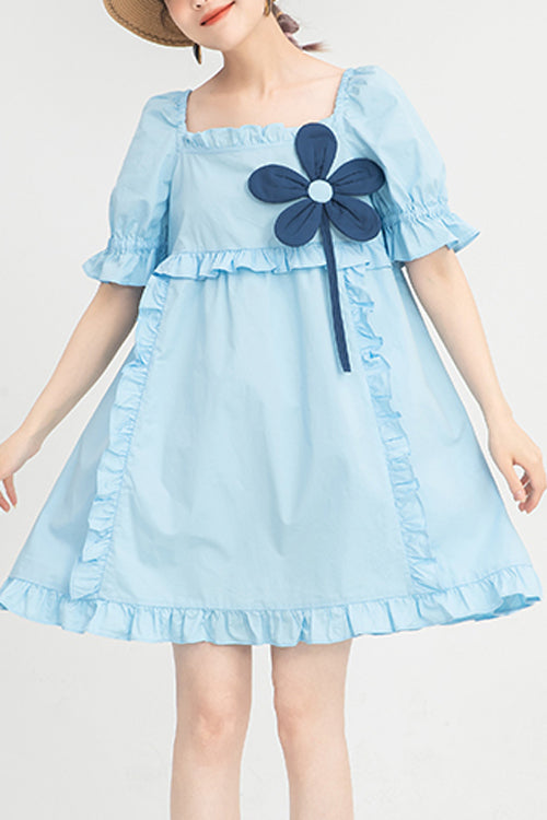 Blue Ruffled Square Collar Flower Accessory Short Sleeves Sweet Lolita Dress