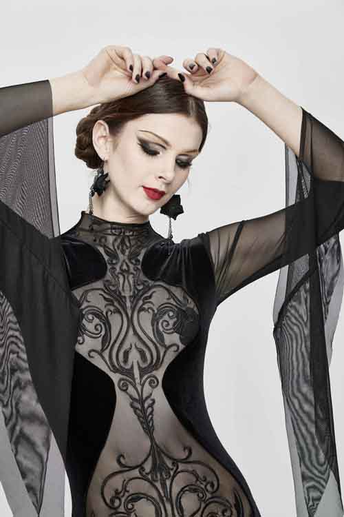 Schwarzes durchscheinendes, besticktes, ausgestelltes Ärmelkleid aus sexy Samt im Gothic-Stil für Damen