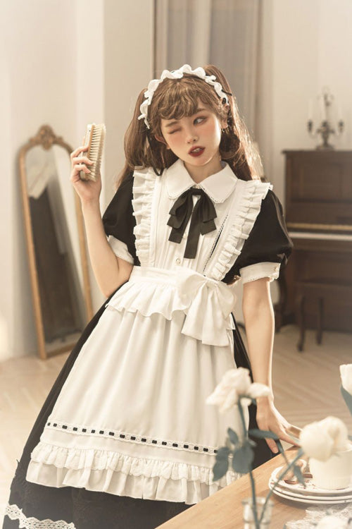 Black Lapel Collar Bowknot Short Sleeves Ruffled Sweet Lolita Maid OP Dress (Apron is included)