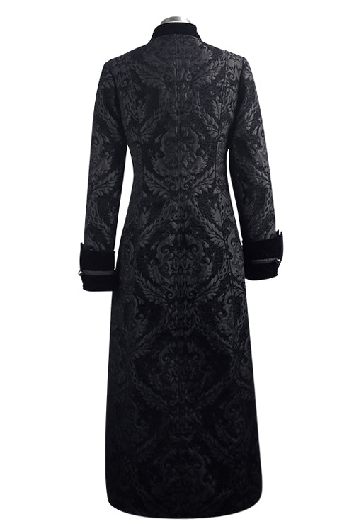 Black Gothic Patterned Metal Buttons Mens Velveteen Long Coat