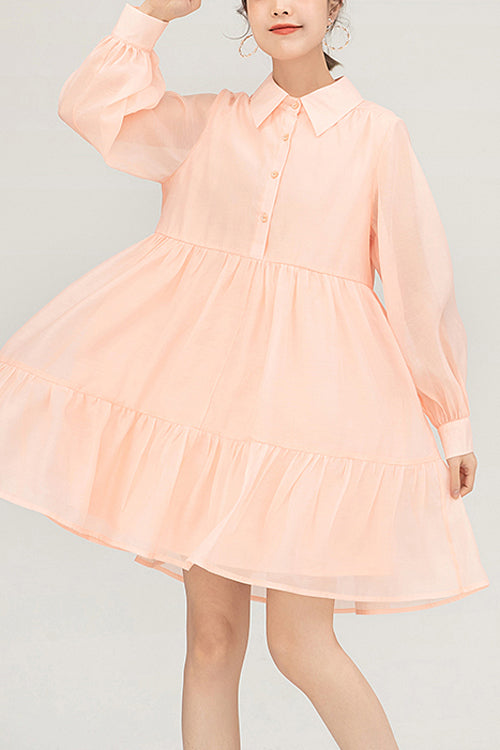 Orange Polo Neck Organza Puff Sleeve Single Breasted Sweet Lolita OP Dress