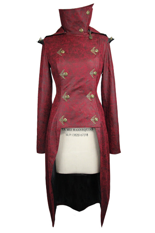 Red Short In Front And Long In Back Punk Long Leather Womens Coat