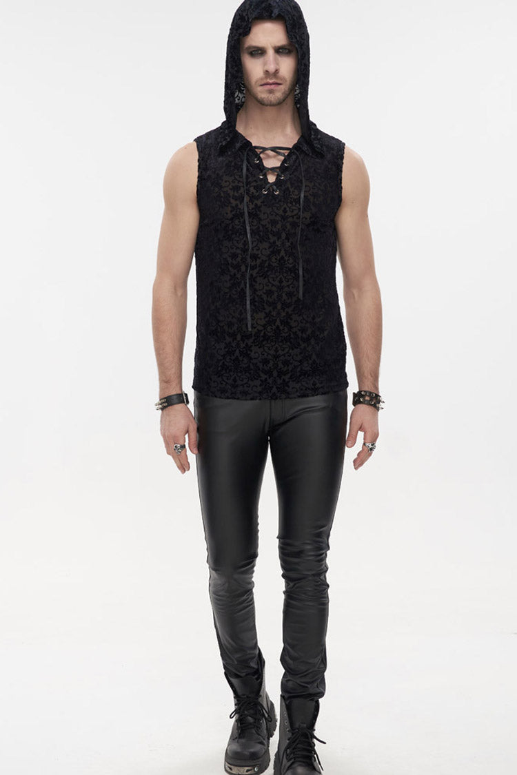 Black Punk Velvet Jacquard Chest Tie Sleeveless Hooded Men's Shirt