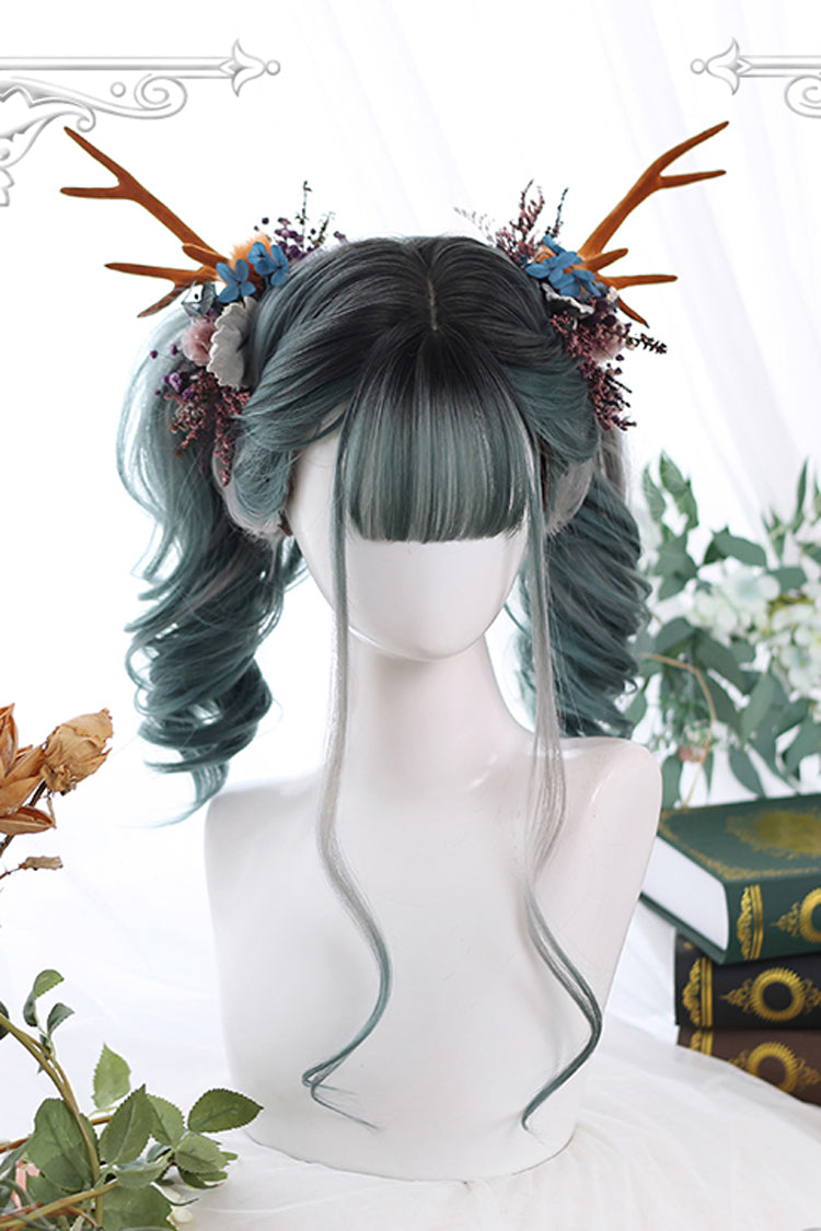 Green Gradient Gray Big Wavy Long Curly Hair Classic Lolita Wigs