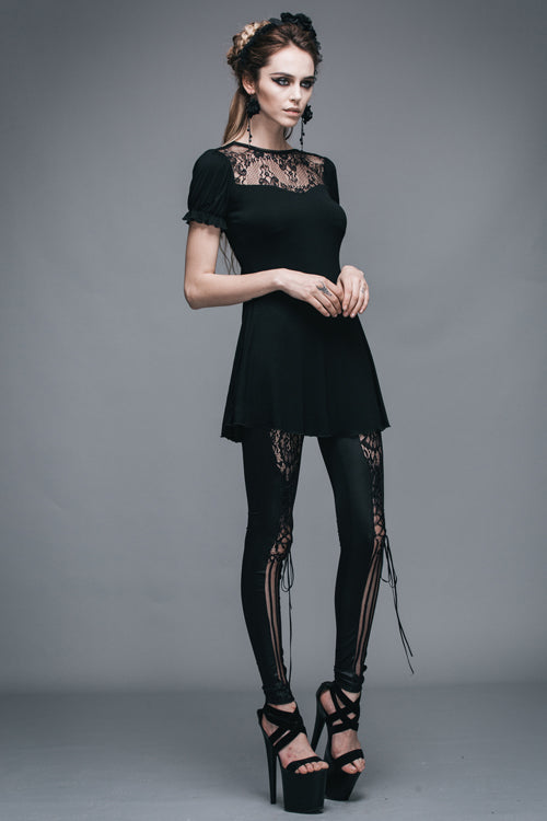 Schwarzes gemustertes, kurzärmliges Gothic-T-Shirt für Damen mit Spitzenkragen und mittellanger Länge