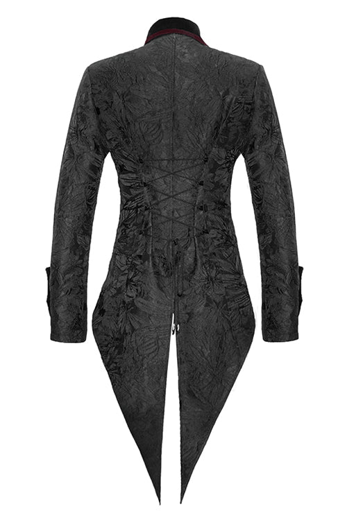 Black Jacquard Floral Pattern Velveteen Swallowtail Mens Gothic Coat