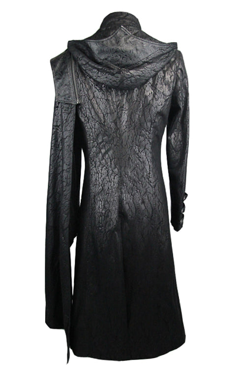 Black Hooded One Side Shawl Style Mens Leather Long Punk Coat