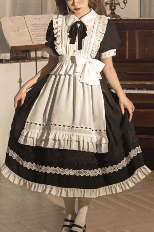 Black Lapel Collar Bowknot Short Sleeves Ruffled Sweet Lolita Maid OP Dress (Apron is included)
