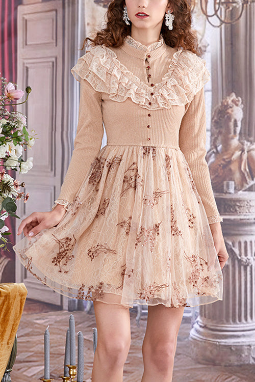 Beige Lace Knit Round Collar Long Sleeves High Waisted Embroidery Mesh Sweet Lolita OP Dress