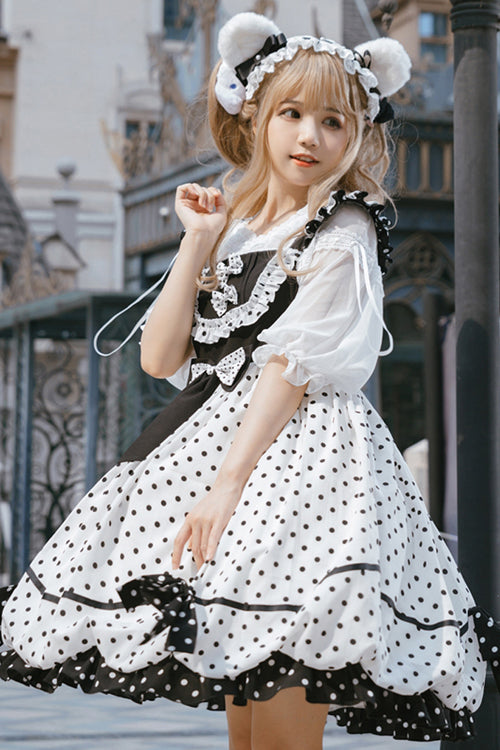 White/Black Polka Dot Ruffled Strap Sweet Lolita JSK Dress