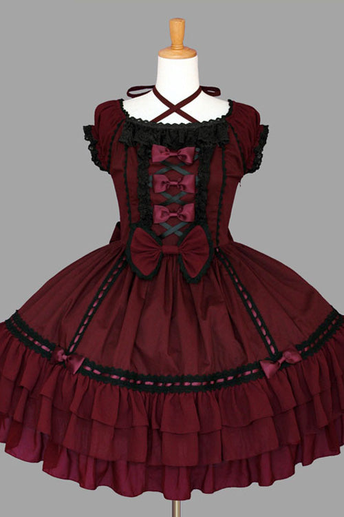 Wine Lace Ruffled Bowknot Sleeveless Gothic Lolita Dress