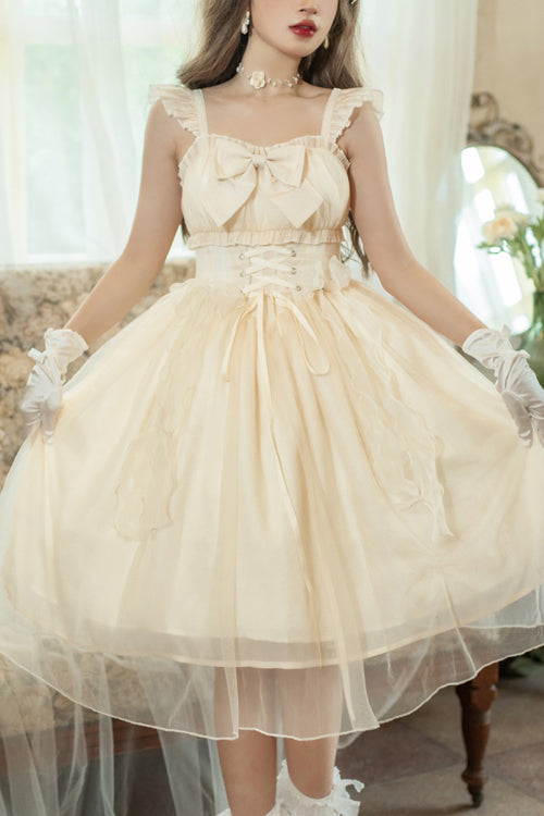 Beige Ruffled Strap Bow Sleeveless Sweet Lolita JSK Dress
