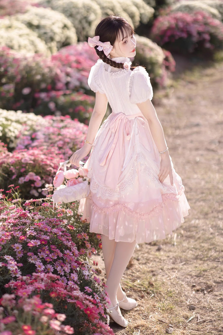 Pink Round Collar Short Sleeves Lace Ruffle Bowknot Sweet Princess Lolita Dress