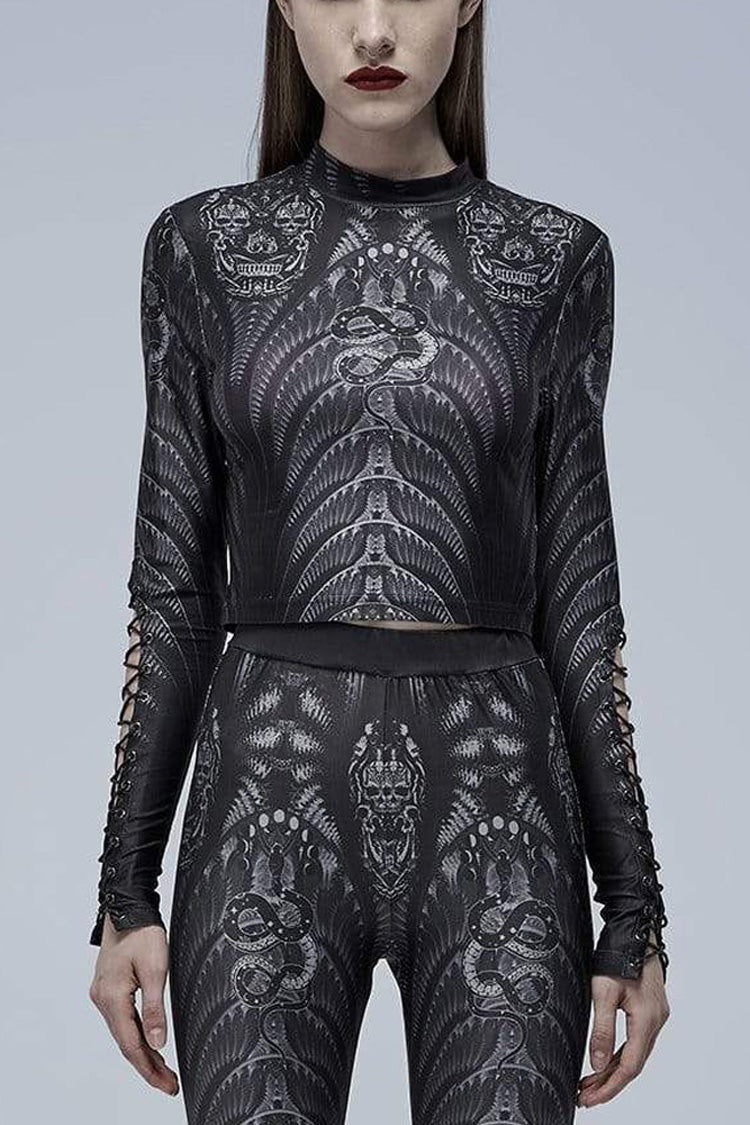 Black/Grey Gothic Perspective Elasticity Skeleton Print Cross Tie Rope Design Mesh Women's T-Shirt