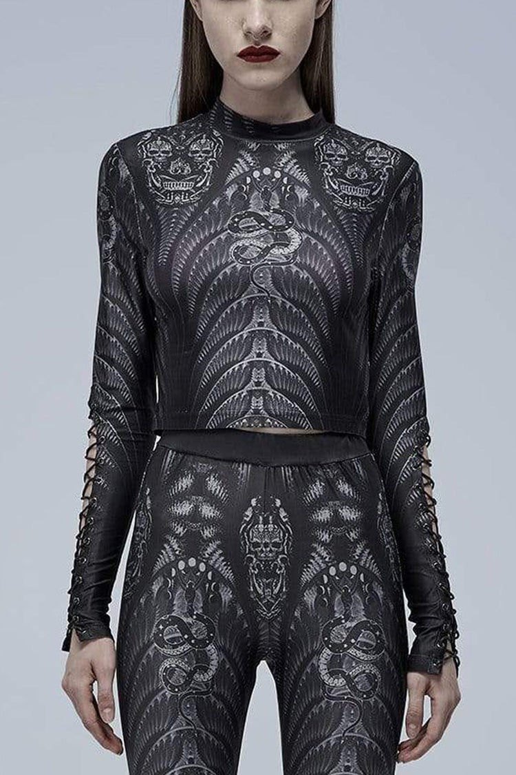 Schwarz/Grau Gothic Perspektive Elastizität Skelett Druck Kreuz Krawatte Seil Design Mesh Damen T-Shirt