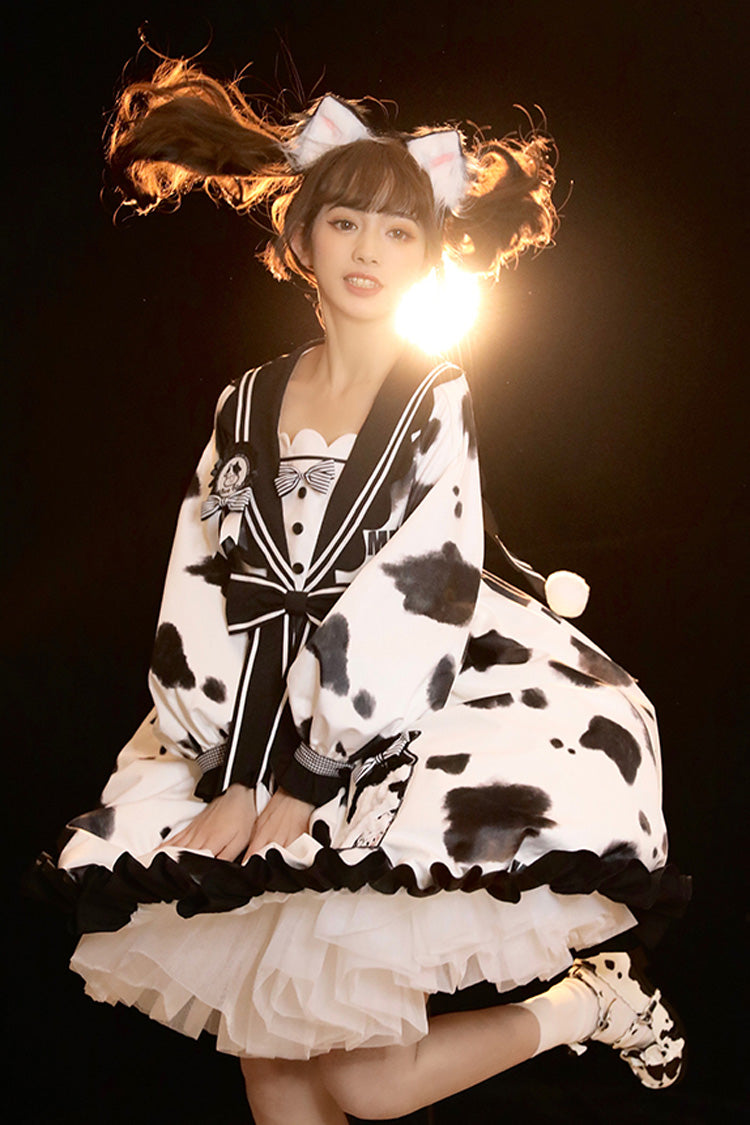 White/Black Navy Collar Headbow Ruffled Stitching Cow Print Sweet Lolita OP Dress
