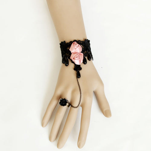 Black Retro Victorian Fashion Lace Pink Rose Cute Female Lolita Ring Bracelet