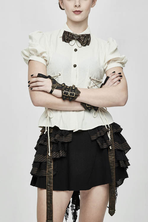 White Cotton Short Sleeves Slim Womens Punk Blouse