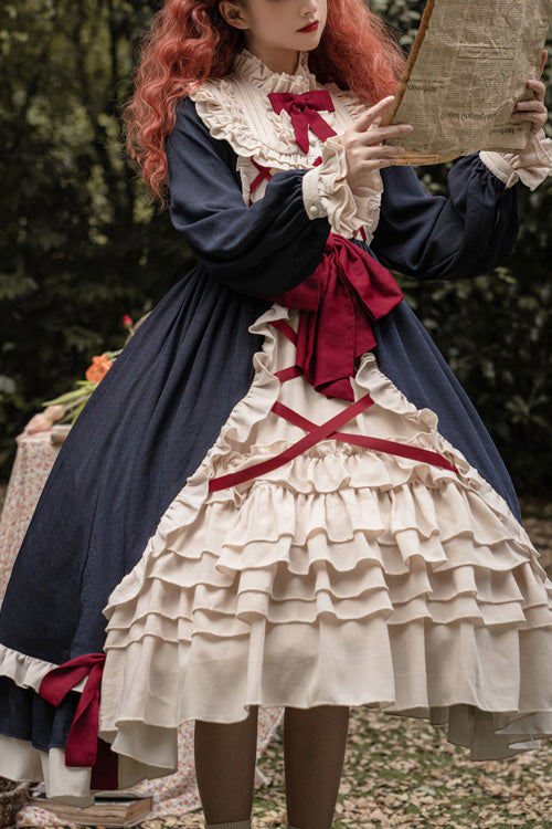 Blue Round Collar Bowknot Long Sleeves Multi-Layer Ruffled Sweet Lolita OP Dress