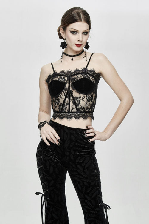 Black Adjustable Flocking Ribbons Decorated Lace Halter Gothic Corset