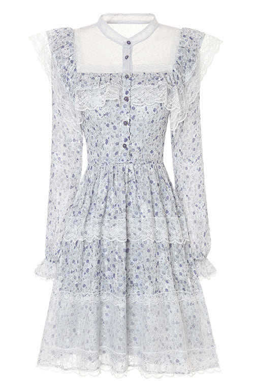 Blue Chiffon Stand Collar French Lace Floral Embroidered Trumpet Long Sleeves Ruffled Sweet Lolita OP Dress
