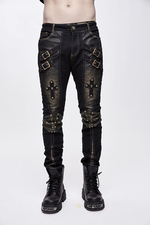 Punk Rock Bronze Fitted Leather Cross Mens Pants