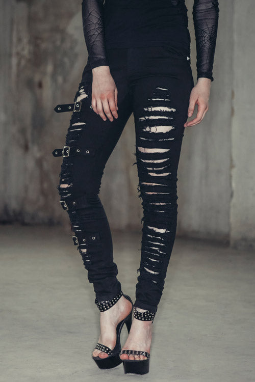 Black Punk Loops Broken Holes Womens Pants