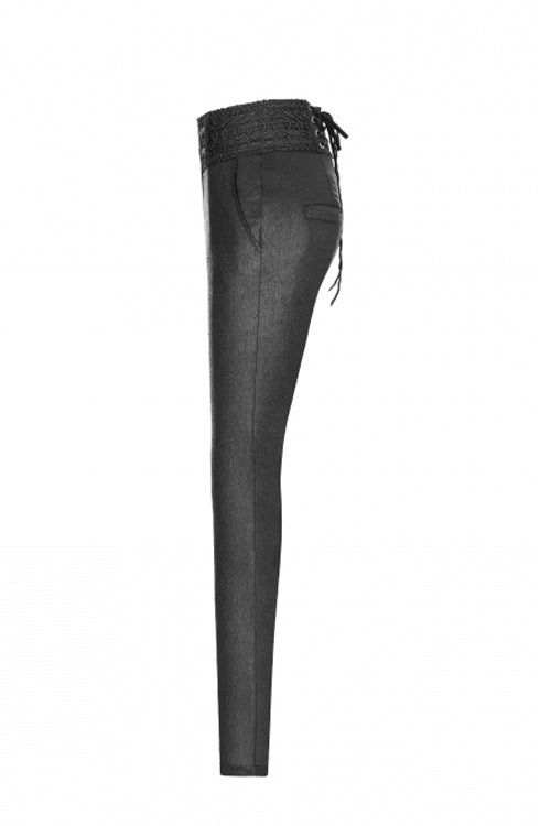 Black High Waist Flower Weaves The Ribbon Decoration Lace Up Gothic Jacquard Women's Pants
