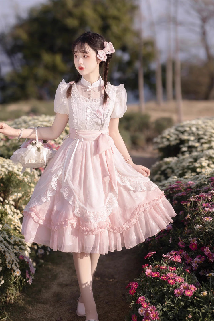 Pink Round Collar Short Sleeves Lace Ruffle Bowknot Sweet Princess Lolita Dress