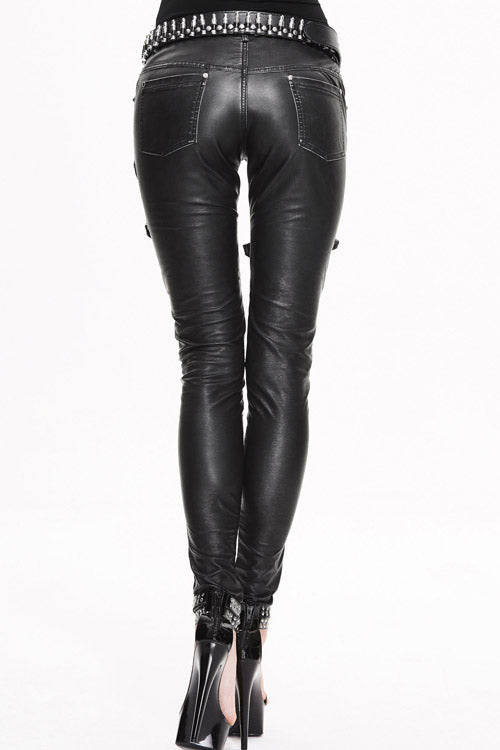 Schwarze Punk Multi Loops Silber Reißverschluss Hand gerieben Leder Damen Hose