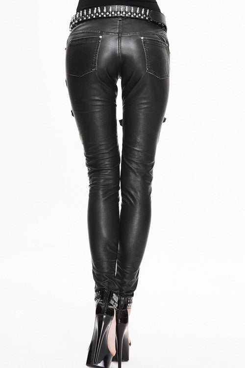 Black Punk Multi Loops Silver Zipper Hand Rubbed Leather Womens Pants