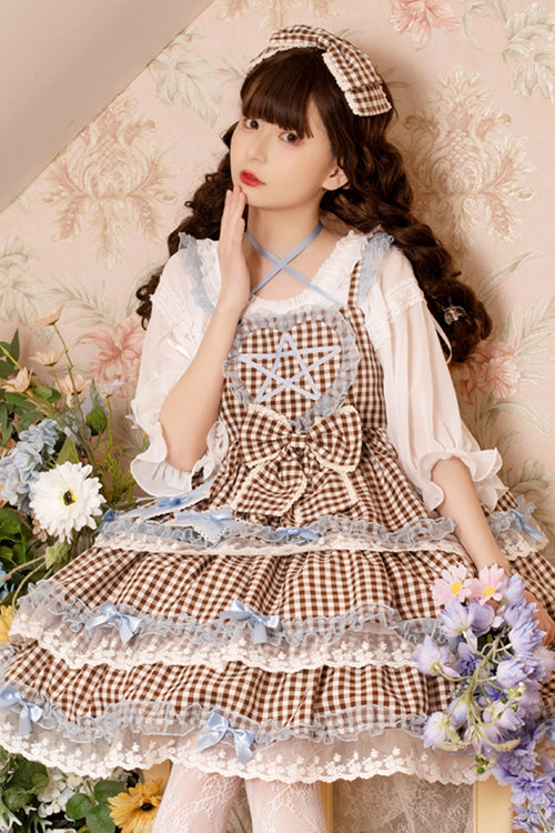 Brown Plaid Print Lace Layered Ruffled High Waist Sweet Lolita JSK Dress