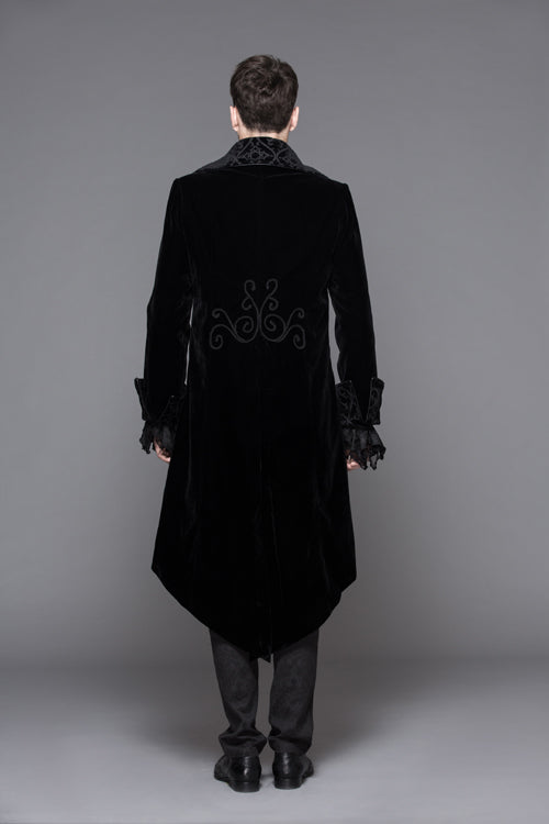 Black Hand Embroidered Fake Two Pieces Long Sleeves Velvet Mens Gothic Coats