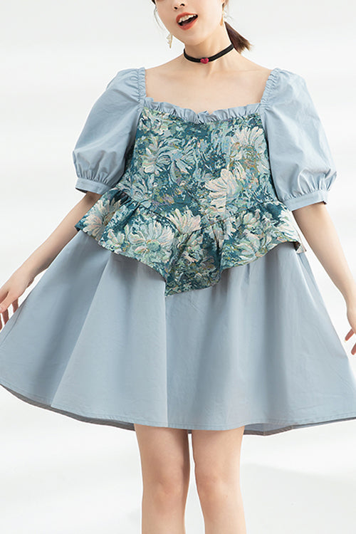 Blue Square Collar Ruffled Oil Painting Patchwork Short Sleeves High Waisted Sweet Lolita Dress