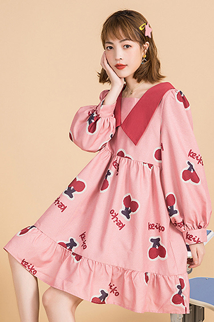 Pink Lapel Collar Long Sleeved Cherry Print Stitching Bowknot Ruffled Slimming Sweet Lolita Dress