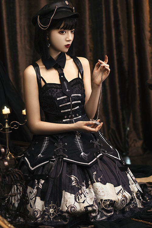 Black New Pirate Ship Print Full Set Gothic Lolita JSK Dress