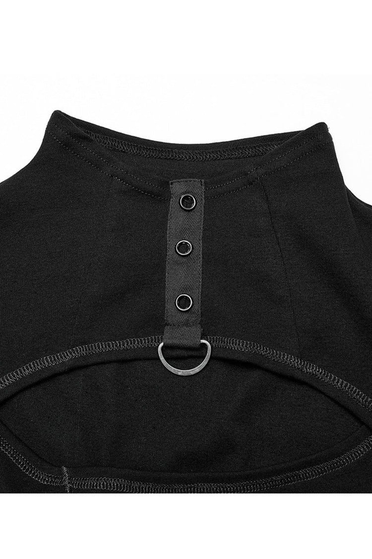 Comfortable Stitching Chain Cutout Turtleneck Ribbon Style Stretch Women's Punk T-Shirt 2 Colors