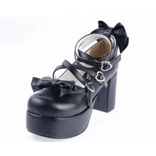 Black Synthetic Leather Cross Straps Bow Lolita Shoes