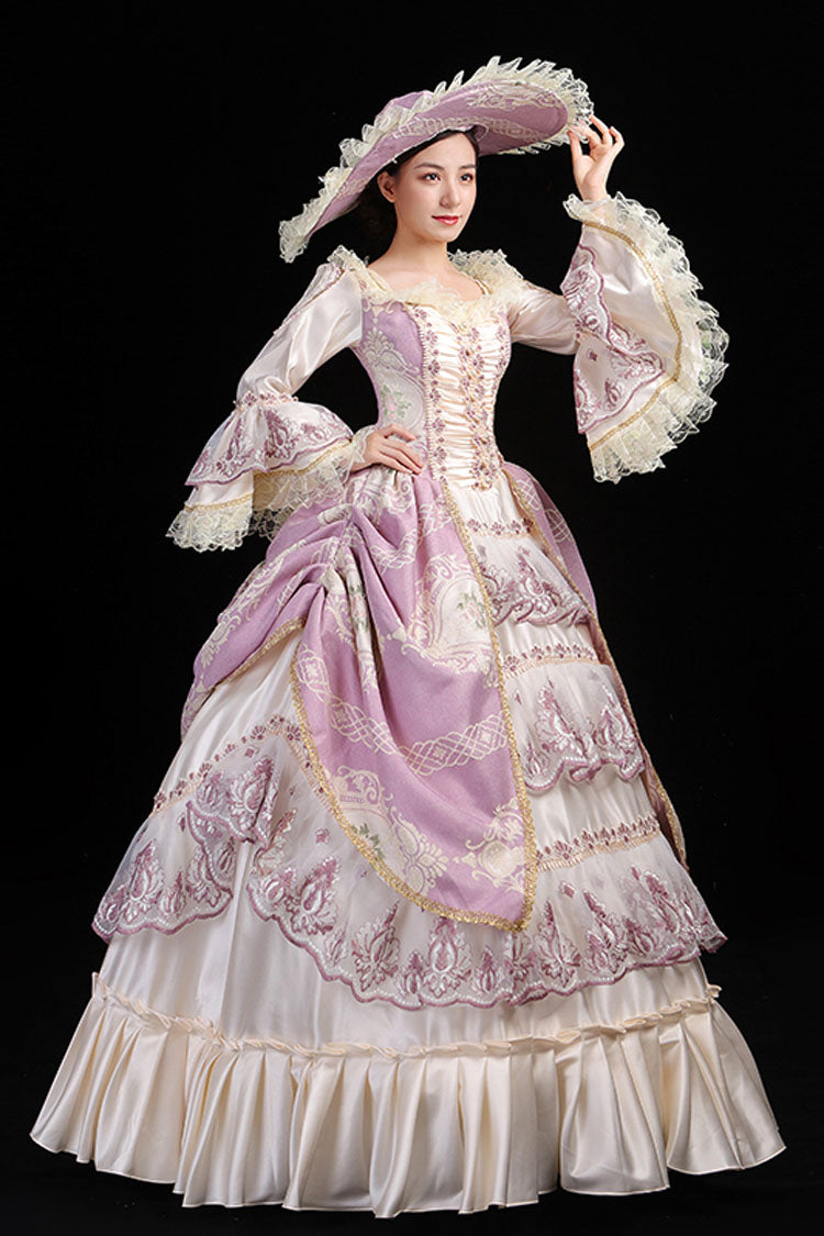 Pink/Champagne Trumpet Sleeves High Waisted Ruffled Multi-Layer Hollow Embroidery Print Victorian Lolita Prom Dress