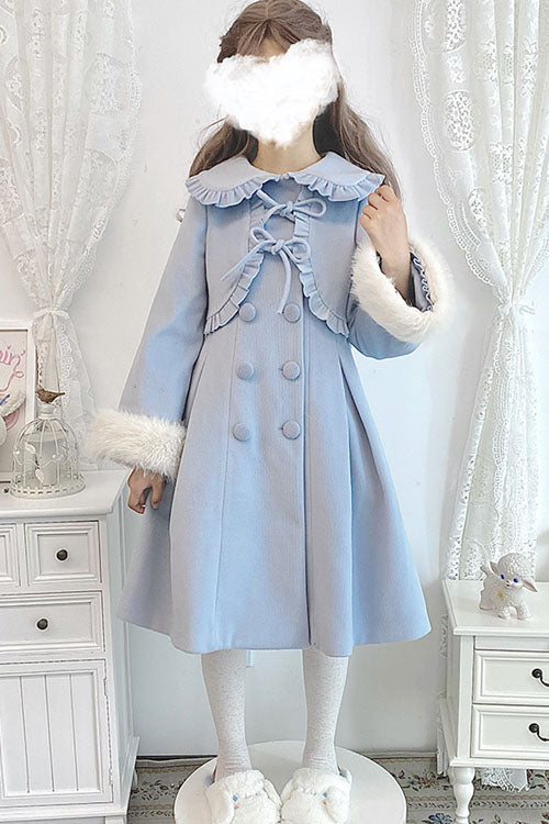 Blue Double Breasted Bowknot Plush Long Sleeves Fake Two-Piece Woolen Lolita Coat